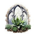 Large Agave and Small Succulents with Pebbles in Front of a Stained Glass Style Arch Royalty Free Stock Photo